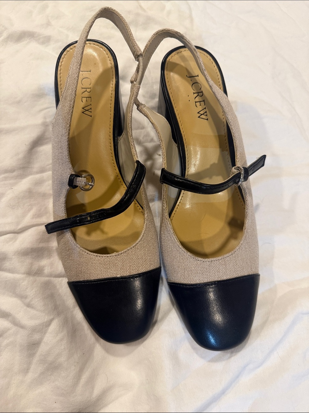 J. Crew Two-Tone Beige Canvas and Black Cap-Toe Slingbacks